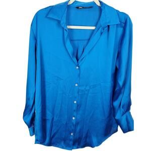 Zara Blue Silky Button Up Blouse Long Sleeve Collared S